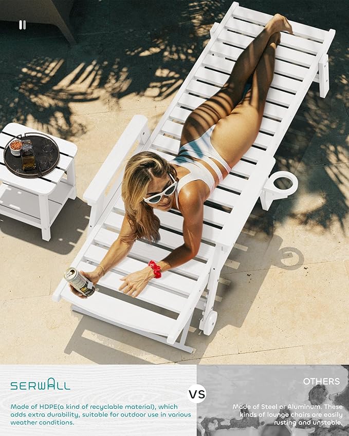SERWALL Patio Chaise Lounge Chair, 78'' Long HDPE 5 Positions Adjustable Outdoor Lounger, Poly Lounge Chair with Rolling Wheels & Cup Holder for Pool, Light White