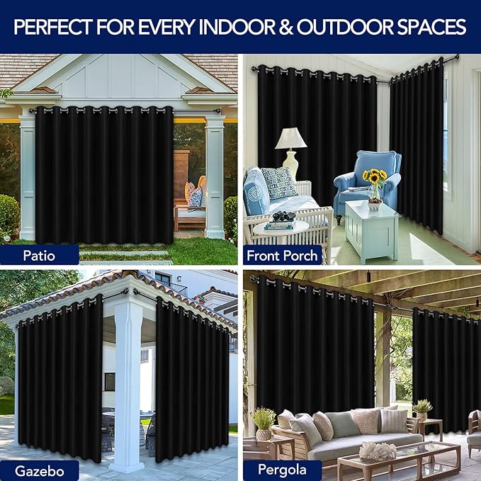 PureFit Outdoor Curtains for Patio Waterproof Weatherproof, UV Resistant Outside Curtains for Gazebo, Front Porch, Pergola, Sun Blocking Privacy Curtain, 150W x 84L inch, 1 Panel, Black