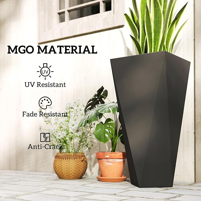 Outsunny Set of 3 Tall Planters, 28.75", 24.5", 20.5", MgO Indoor Outdoor Planters with Drainage Holes, Stackable Flower Pots for Garden, Patio, Balcony, Front Door, Black