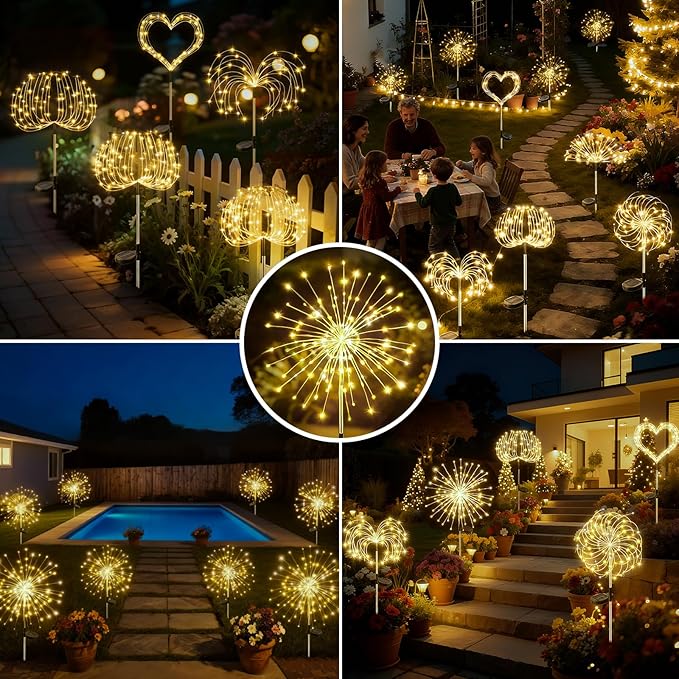 btfarm 4 Pack 120 LED Solar Garden Lights Outdoor, 8 Modes Firework Lights Solar Powered, Waterproof Twinkle Fairy Light Outside for Yard Patio Pathway Pool Christmas Party Decorative, Warm White