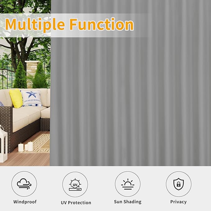Easy-Going Outdoor Patio Curtains Detachable Tab Top Windproof Weatherproof Curtain for Cabana, Porch, Pergola and Gazebo, Tab Bottom Drape, 2 Panels, 110W x 84L inch, Light Grey