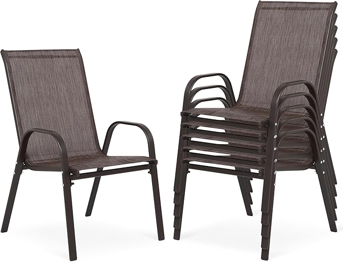 Outdoor Stackable Chairs Set of 6, Stacking Patio Chairs with Textilene Fabric, Outside Furniture for Garden Backyard Balconie Poolside Deck, Brown