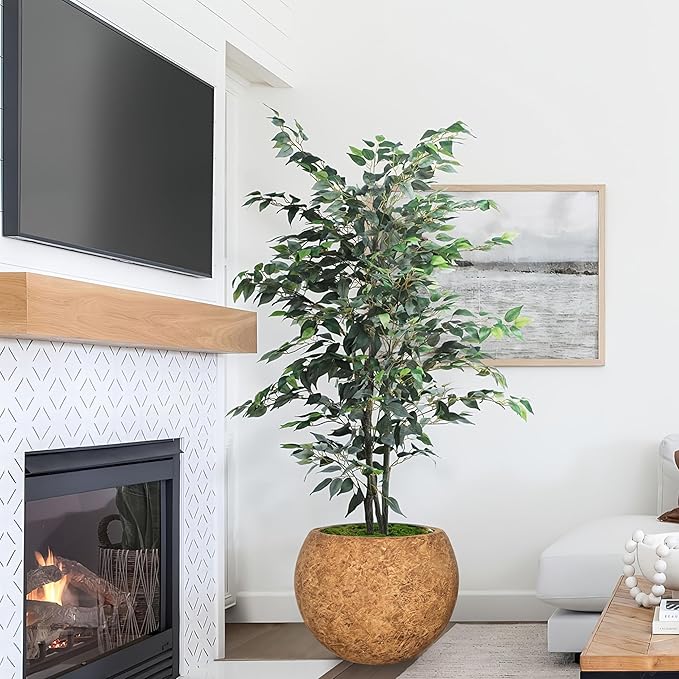 10 H x 14" Dia (10" Pot Opening) Round Fiberstone Planter with Drainage Hole, White, Indoor/Outdoor Large Plant Pot for Home Patio Garden, Ideal for Large Plants-Camel