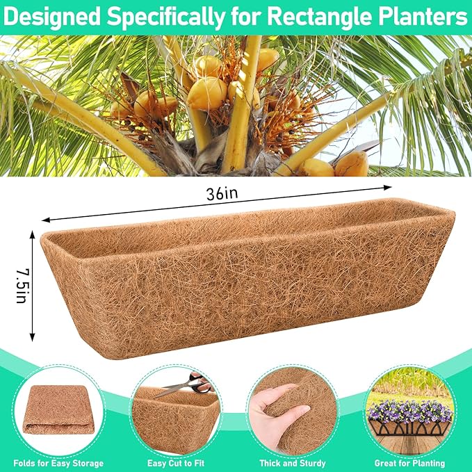 Riare 4 Pack 36 Inch Rectangle Coconut Liners for Planters, Natural Coconut Fiber Planter Liners, Window Box Liner Trough Coco Liner for Outdoor Flower, Garden Wall, Deck & Fence Planter Boxes