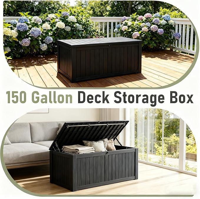 Outdoor Storage Box, Resin Deck Boxes Indoor and outdoor, Waterproof Storage Box Lockable Lid (Black,150 Gallon)