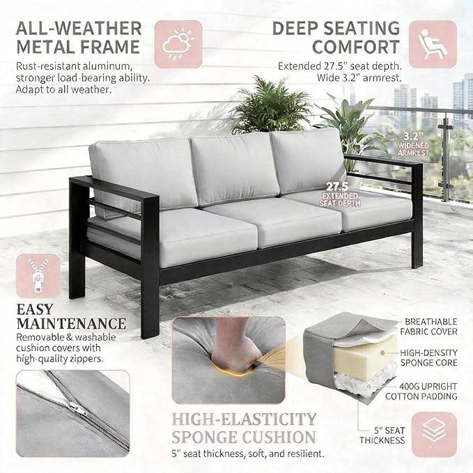 Kiss the Water Outdoor Couch Aluminum Patio Furniture Sofa, 3 Seat All-Weather Metal Patio Couch with 5" Thick and Soft Cushion and Wide Arm, Outdoor Sofa for Balcony, Porch