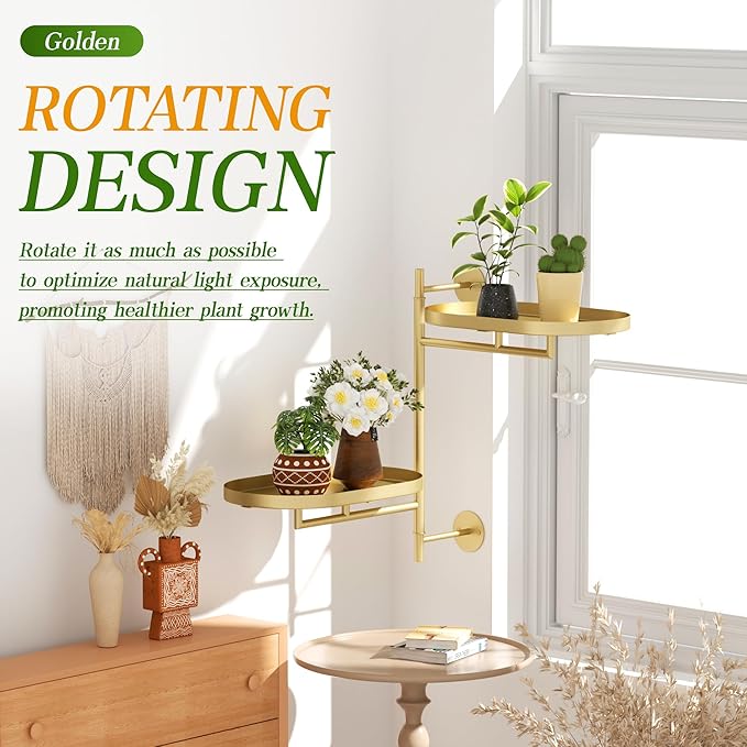 Window Rotating Plant Stand Shelf Indoor Gold Metal Floating Shelves 2-Tier Wall Mount Plant hanger Holders for Wall Planter Modern Home Decor window sill gifts