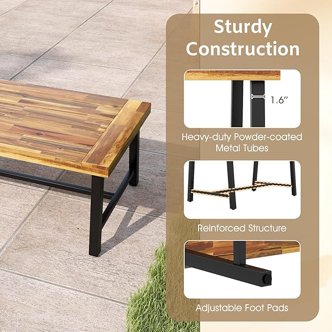Tangkula Outdoor Acacia Wood Coffee Table, Rectangle Rustic Accent Table with Thickened Top & Heavy-Duty Metal Legs, for Patio, Deck, Garden, Natural