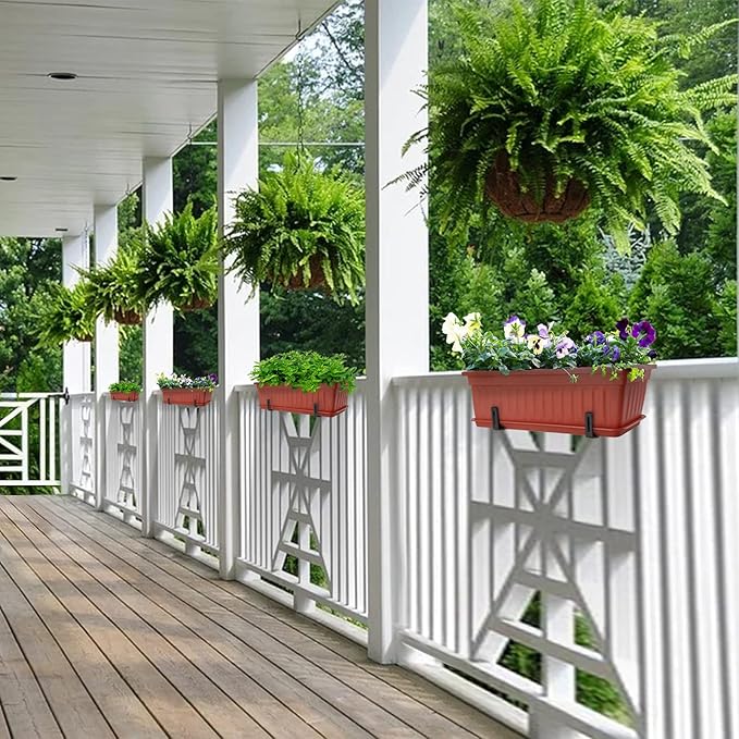 GREANER Long Planters for Outdoor Plants, 3 Pack 16.9x7.48 Inch Flower Windowsill Plastic Countryside Vegetable Box Pot with Tray for Plant Growing DIY in Garden, Balcony, Houses - Red