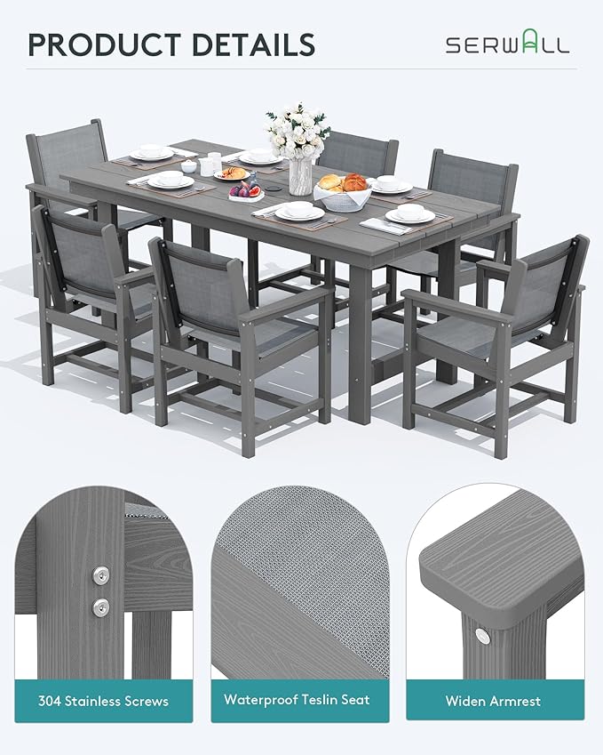 SERWALL Patio Dining Sets for 6, Outdoor HDPE Dining Set with Umbrella Hole Cut-Out Table and 6 Woven Chairs, Gray