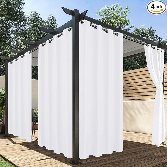 HolidayIdeas White Outdoor Curtains for Patio Waterproof, 4 Panels - 54 x 95 Inch - Privacy Protection & Light Filtering Curtains Grommet Outside Curtains for Porch, Gazebo, Pergola, Backyard