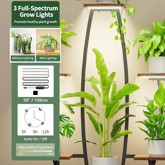 JUSTOGO Plant Stand Indoor with Grow Lights - 7 Tiered Large Plant Shelf Indoor, 47" Corner Plant Stands for Indoor Plants Multiple, Metal Plant Rack Flower Holder Display for Living Room, Home Decor