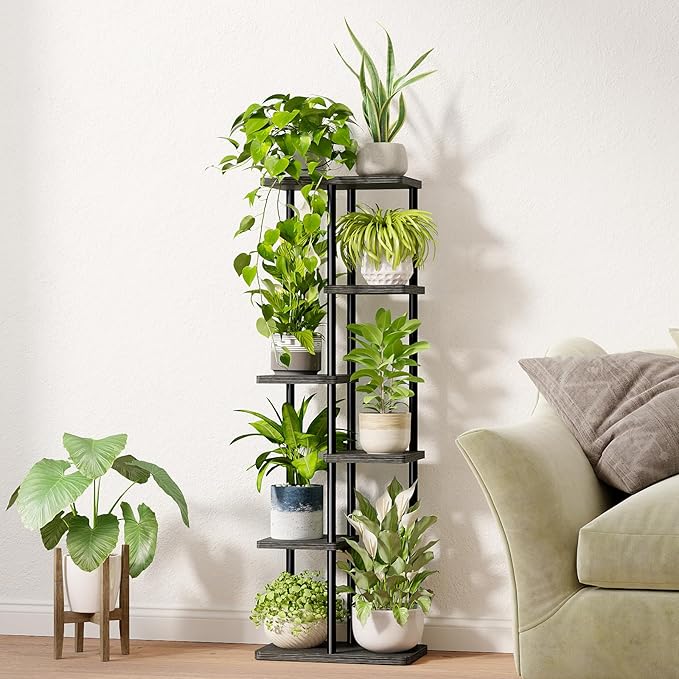 Bamworld Tall Plant Stand Indoor, 6 Tier Metal Plant Shelf for Multiple Plants, Tiered Flower Pot Stands for Patio Garden Balcony Living Room Bedroom, Black