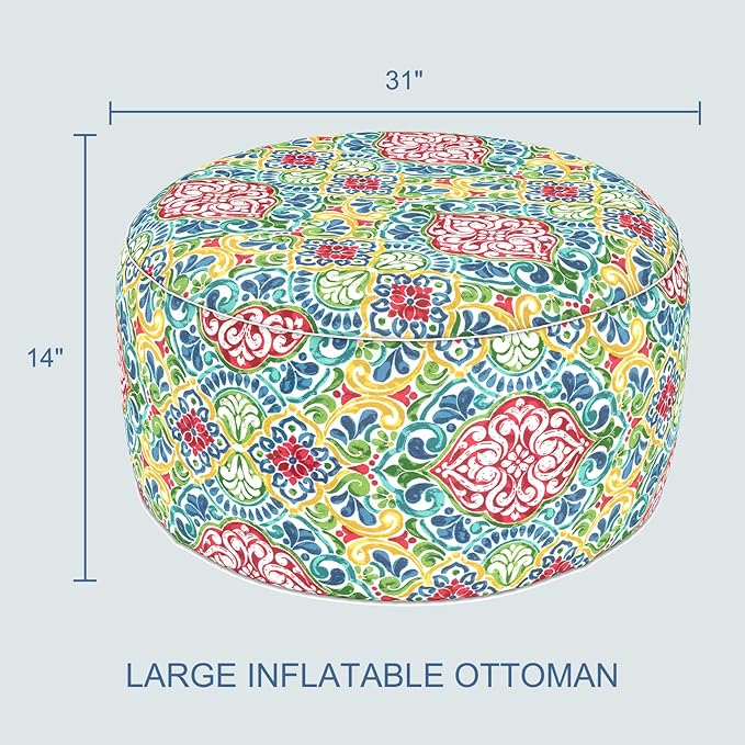 LVTXIII Indoor/Outdoor Extra Large Inflatable Ottoman Pouf D31 x H14 Inch, Round Footstool with Handle, Weather-Resistant Portable Furniture for Patio, Camping, Beach, Damask Red
