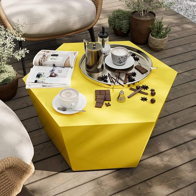 UPHA Outdoor Hexagon Coffee Table, Small Modern Minimalist Accent Tables, Low Light Concrete Center Table for Living Room, Outside Patio, Deck, 28×24.2×15.4, Lemon Yellow