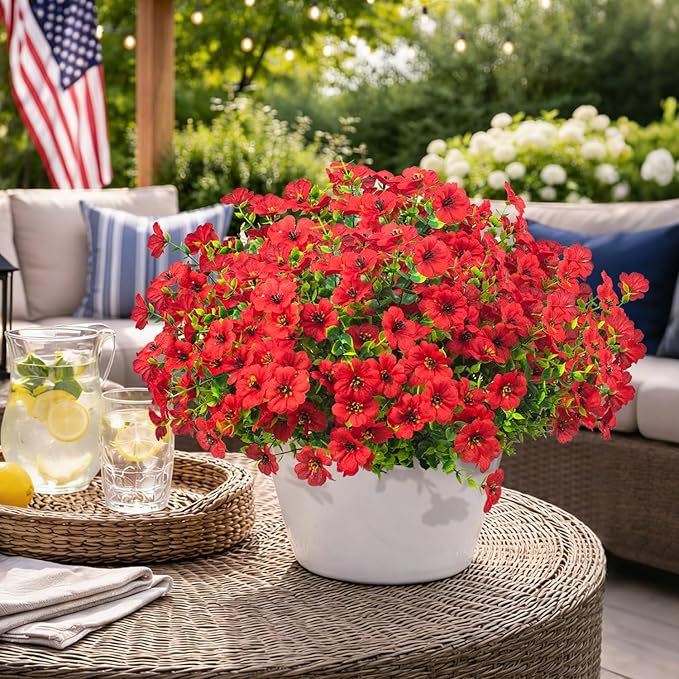 20 Bundles Artificial Flowers for Outdoors, UV Resistant Fake Plants Flowers Greenery Shrubs Plants for Decoration Outside Plants Hanging Planter Home Garden Decor (Red)