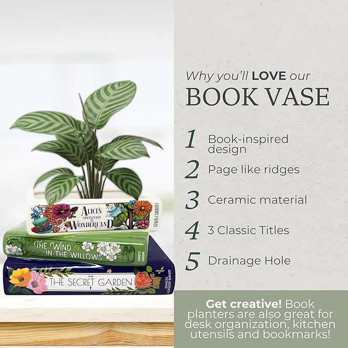 Steel Mill & Co Original Small Book-Shaped Decorative Planter, Ceramic Planter for Home Decor, Cute Bookshelf Accent, Unique Planter for Book Lovers, Alice/Wind in the Willows/Secret Garden