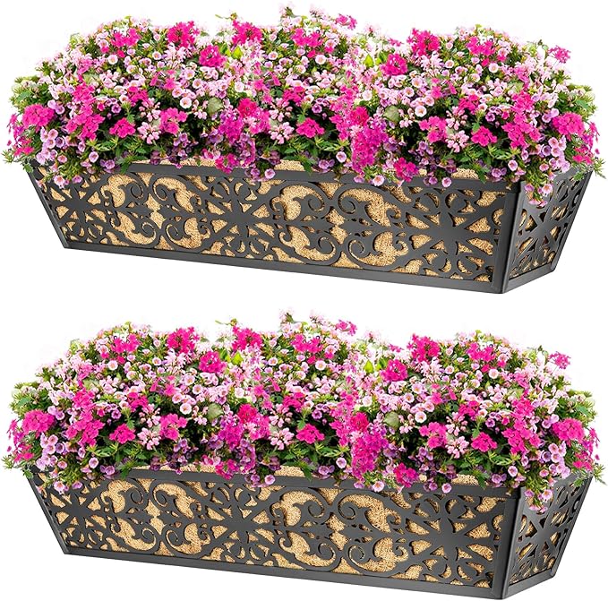 6 Pack 30 Inch Window Boxes Planters Railing Planter Box with Adjustable Brackets & Coco Liners Fabric Plant Grow Bags Deck Railing Planter Boxes Balcony Hanging Flower Box for Outdoor Plants