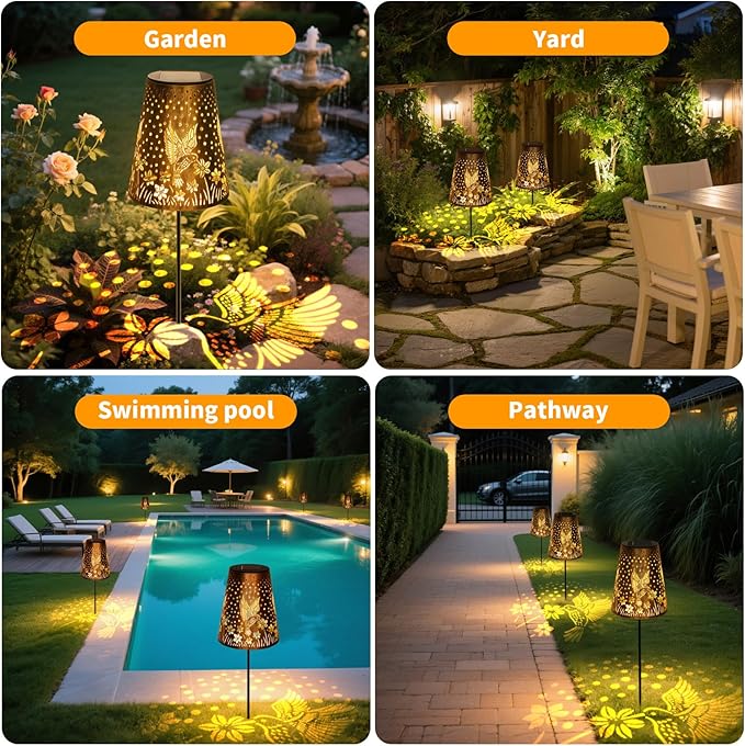 Solar Pathway Lights Outdoor, LED Bright Metal Retro Waterproof, Outside Decorative Hummingbird Lanterns Solar Powered for Path Lawn Patio Yard Walkway (Hummingbird 2P)