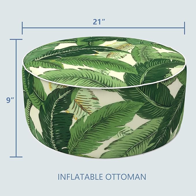 LVTXIII Outdoor/Indoor Round Inflatable Ottoman, All Weather Patio Footstool, Portable Footrest Seat for Patio Garden, Camping or Home, 21"x21"x9", Swaying Palms Green