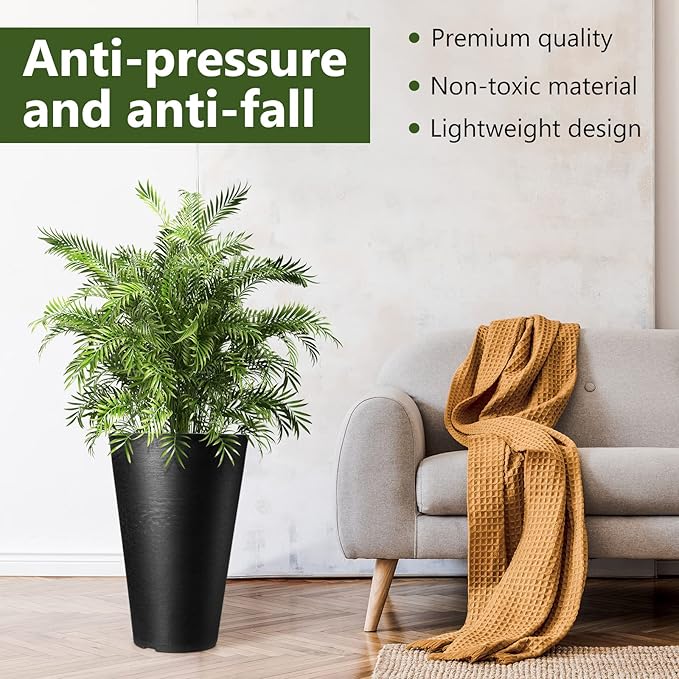 Sieral Set of 2 Tall Outdoor Planters 12 x 18 Inch Large Resin Outdoor Planters for Front Porch Flower Round Floor Decorative Indoor Pots with Drainage(Black)