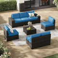 Jing's Villa 8-Piece Patio Furniture Set, All-Weather Outdoor Wicker Sectional Sofa with Cushions,Glass Table & Left and Right Armrest, Rattan Conversation Seating for Porch, Backyard,Peacock Blue
