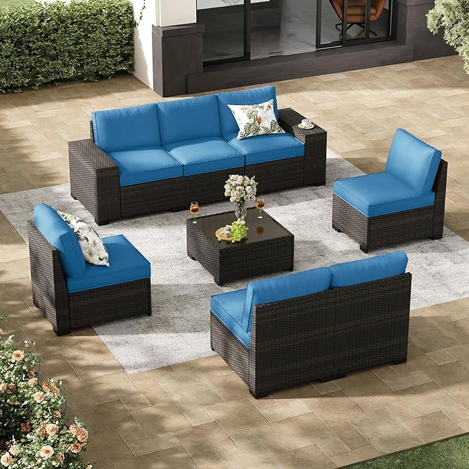 Jing's Villa 8-Piece Patio Furniture Set, All-Weather Outdoor Wicker Sectional Sofa with Cushions,Glass Table & Left and Right Armrest, Rattan Conversation Seating for Porch, Backyard,Peacock Blue