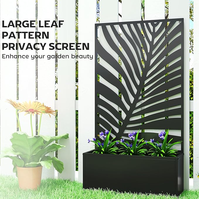 Outsunny Metal Raised Garden Bed with Trellis for Climbing Plants, Freestanding or Wall Mounted Flower Bed with Privacy Panel, Large Leaf Cut-Out Outdoor Planter Box for Garden, Patio, Balcony