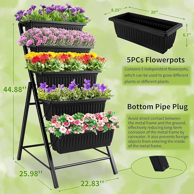 Homdox 2 Pack Vertical Garden Bed, 5 Tiers Vertical Raised Garden Planter, 23 * 26 * 45Inch Outdoor Garden Raised Bed with 4 Hooks, Vegetable Flower Planter Raised Stand for Garden Patio Yard, Black
