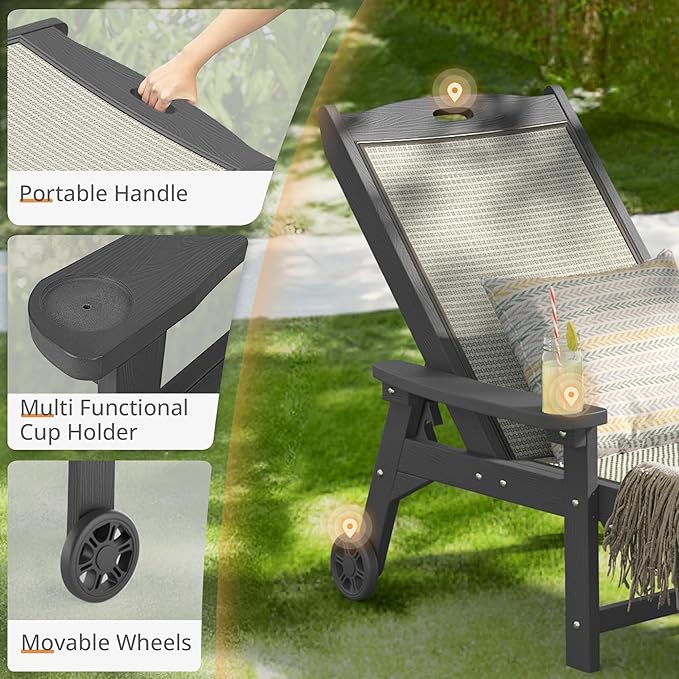 LUE BONA Chaise Lounge Chair Outdoor, HDPS and HDPE Wicker Material, Patio Lounge Chair with Adjustable Backrest, Resin Pool Lounge Chairs with Wheels for Backyard, Poolside and Deck, Gray