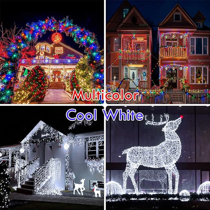 Cool White to Multicolor Color Changing 200 LED 66FT Connectable Christmas String Lights for Outdoor Indoor, 11 Modes Christmas Tree Clear Wire Fairy Waterproof Lights with Memory & Remote & Timer