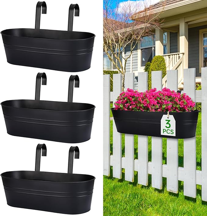 OGIMA Railing Planter Box, 3 Pack 16" Large Hanging Planters for Outdoor Plants with Adjustable Wide Hooks for 2.7'' Railings, Balcony Planters Railing Hanging for Deck, Fence & Patio Decor