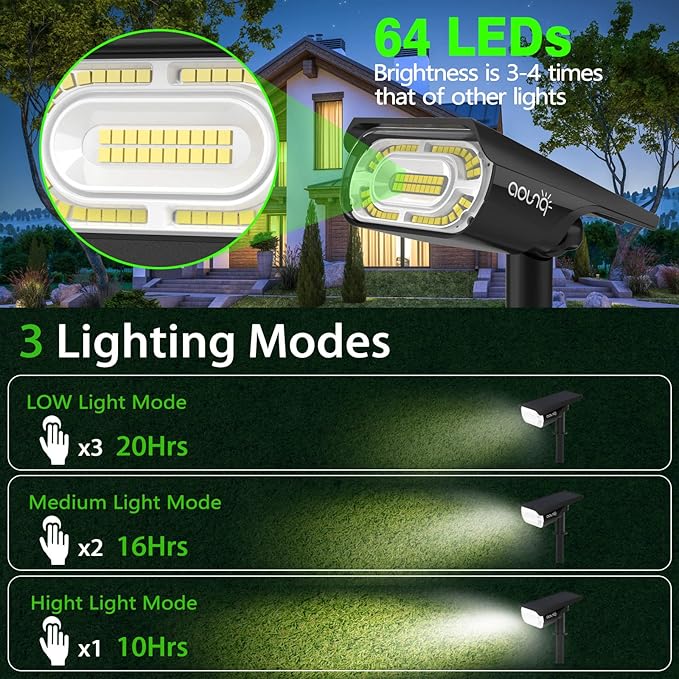 Solar Spot Lights Outdoor 1000 Lumens, 64 LEDs IP67 Waterproof Landscape Lighting with 4 Modes - 2-in-1 Solar Spotlight & Pathway Light for Garden, Yard, Patio Decor, 4 Pack