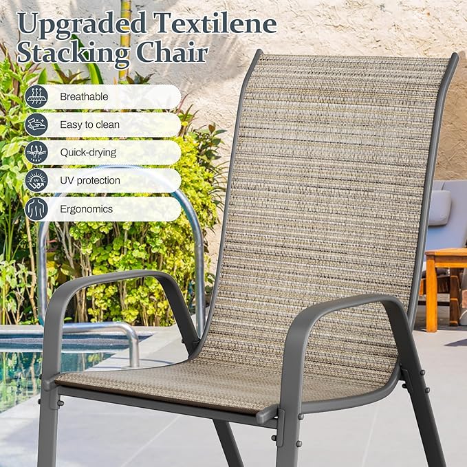 TLSUNNY 7 Pieces Patio Dining Set, Outdoor Table and Chairs W/1.69″ Umbrella Hole, 30"X 55" Table and Stackable Textilene Chair, All Weather Patio Furniture Set (Umbrella not Included) (Brown)