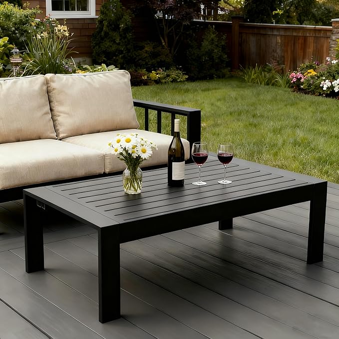Outdoor Rectangle Patio Aluminum Coffee Tables for Outside, All Weather Patio Slatted Tabletop for Indoor or Outdoor Use