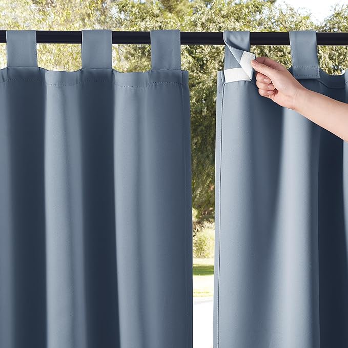 NICETOWN 2 Panels Outdoor Curtainss for Patio Waterproof Extra Wide, Detachable Tab Top Room Darkening Indoor Outdoor Slider Sun & Cold Block for Gazebo/Balcony, Stone Blue, W84 x L84