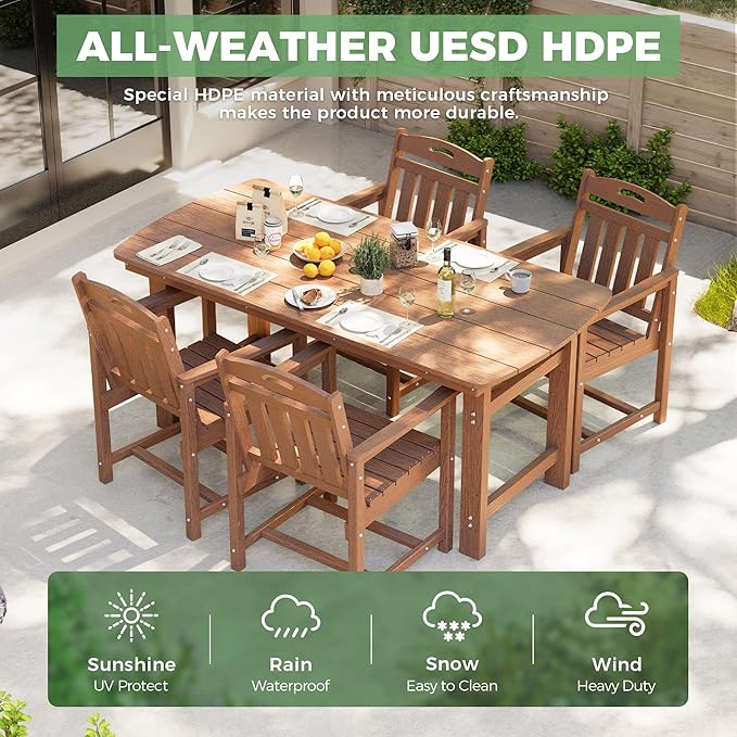 5-Piece Outdoor Dining Furniture Set with Chairs, All-Weather HDPE Patio Table and 4 Chairs, Umbrella Hole, for Garden Backyard or Deck - Teak