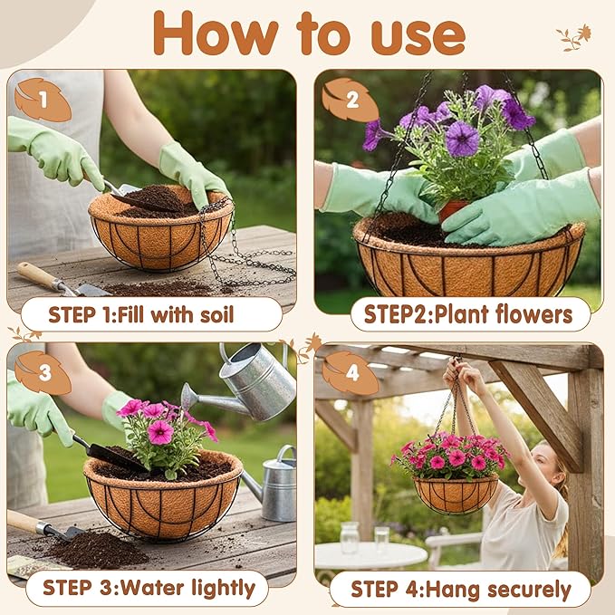 14 inch Metal Hanging Baskets For Plants Outdoor 4 Pack Round Metal Wire Hanging Basket Planter with Coco Fiber Liners Plant Holder for Garden, Patio, Deck, Porch Plants Flower Potss Outdoor(Grid)