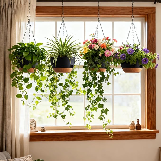 4 Pack 8 Inch Self Watering Hanging Planters for Indoor Outdoor Plants，Hanging Pots for Plants with Drainage Removable Tray, Hanging Baskets Flower Pots for Pothos Spider Garden Black with Brown