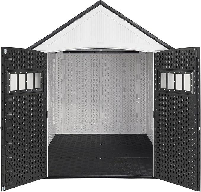 Rubbermaid Resin Outdoor Storage Shed With Floor (7 x 10.5 Ft) Weather Resistant, White, Organization for Home/Backyard/Garden Tools/Lawn Mower/Bike Storage/Pool Supplies