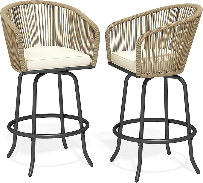 DWVO Outdoor Counter Height Bar Stools Set of 2, Patio Swivel Bar Chairs with Soft Cushions, 360° Rotation, Bar Height Rattan Chairs for Backyard, Poolside, Garden, Beige