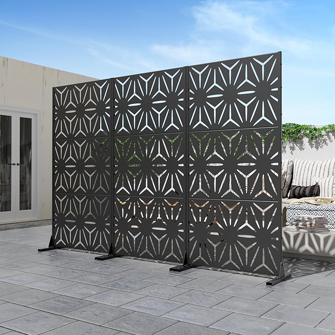 Casaphoria Metal Privacy Screen Outdoor, 72" H x 35" W Freestanding Decorative Privacy Screen for Patio Deck Balcony Garden with Stable Base, Black-Star