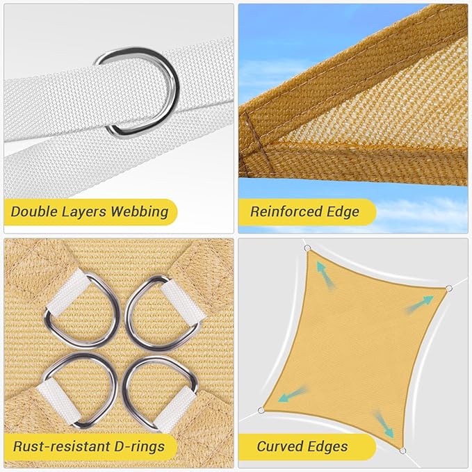 HappyTrends Sun Shade Sail,Heavy Duty UV Protection Beach Shade Canopy Wind sail,Tear and Rust Resistant Patio sail Shade for Yard Deck Lawn Garden Rectangle Sunshade(12'x 12',Sand)