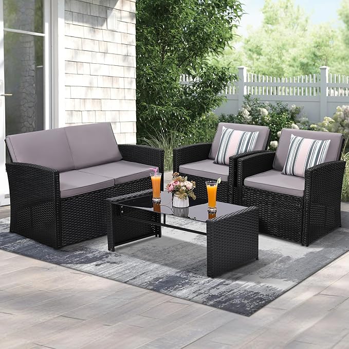 4-Piece Patio Furniture Set, Wicker Outdoor Rattan Sectional Sofa with Cushions and Glass Table, All-Weather Outdoor Conversation Set, Ideal for Garden, Porch, Backyard, Grey