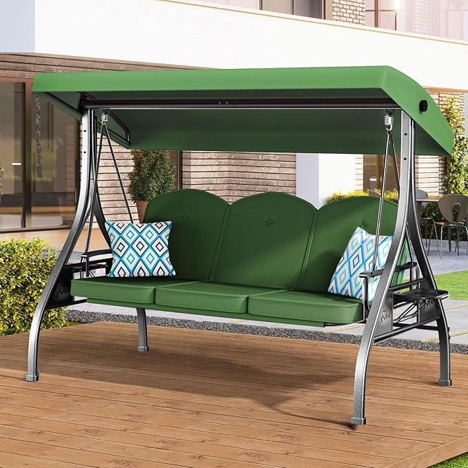3 Seat Outdoor Porch Patio Swing with Stand 800lbs 2-in-1 Convertible Swing Bed with Adjustable Canopy & Removable Cushion for Yard Garden Deck (Green, Square Tube)