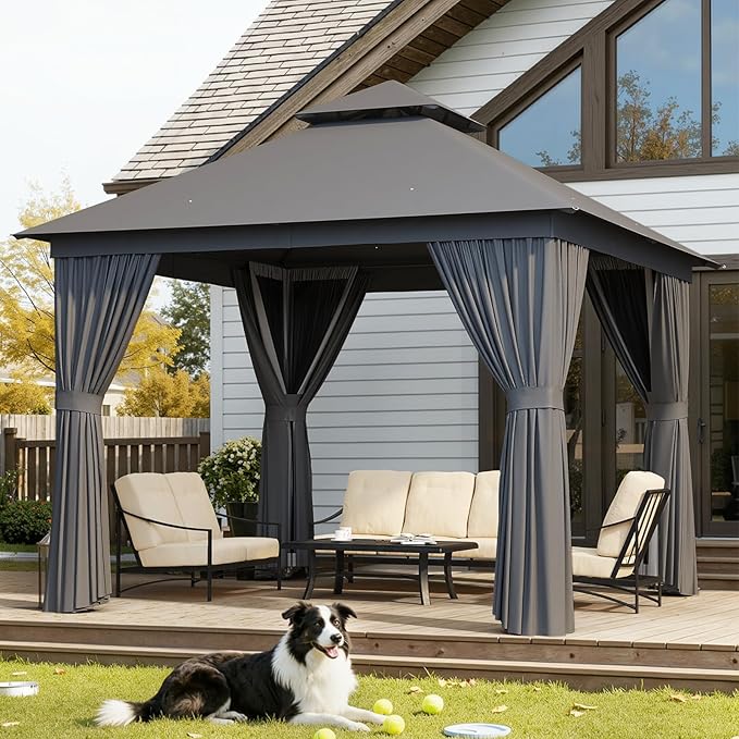 Aoxun Outdoor Gazebo for Patio 10x10, Metal Frame Canopy with Double Roofs, Heavy Duty Party Tent and Shelter with Mosquito Netting and Privacy Screen for Backyard, Lawn, Garden, Deck
