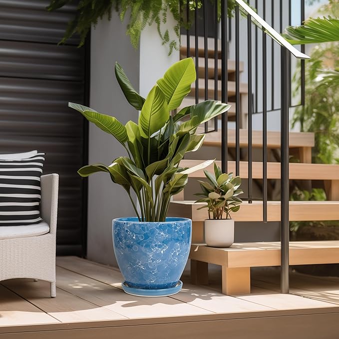 Ceramic Flower Pot - 10 Inch Planter with Drainage Hole and Saucer, Modern Large Planters, Decorative Plant Pot for Indoor Ourdoor, Room Home Garden Porch Decor, Plant Lover Gifts, Blue