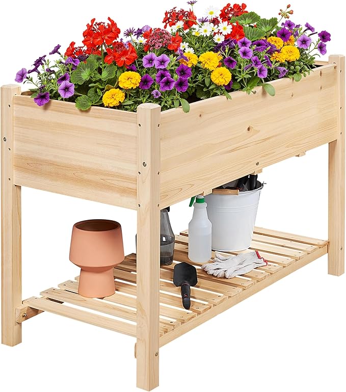 Yaheetech 47x23x32in Wooden Raised Garden Bed with Legs & Storage Shelf Horticulture Wooden Elevated Planter Box Vegetable Growing Bed for Flower/Herb/Backyard/Patio