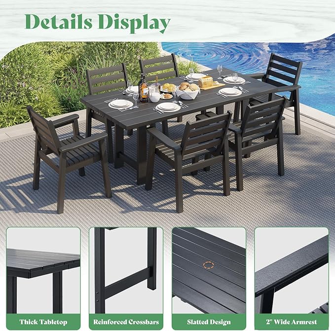 AMERLIFE 7-Piece HDPE Outdoor Dining Set with Umbrella Hole, 71" L Patio Table and Chairs Set for 6, Modern Garden Dining Set for Backyard, Poolside, Seaside, Porch, Black