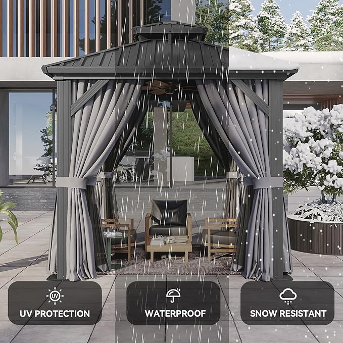 Aoxun 8'x8' Hardtop Gazebo, Aluminum Frame Canopy with Double Galvanized Steel Roof, Outdoor Metal Pavilion with Netting, Curtains for Backyard, Patio and Deck